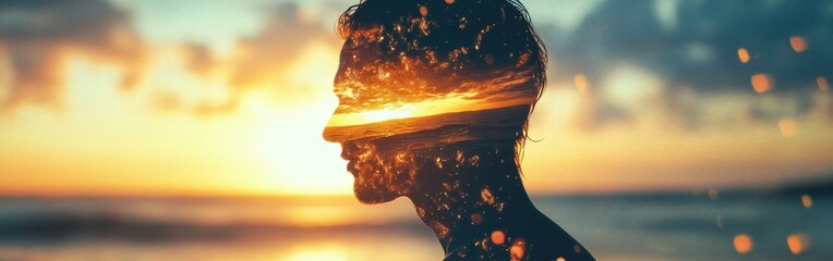 Aufkleber - Man emanating light against a glowing sunset with ocean reflections in a conceptual fusion of nature and spirit