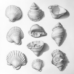 Poster - Collection of neatly arranged seashells showcasing diverse shapes and textures found along coastal shores