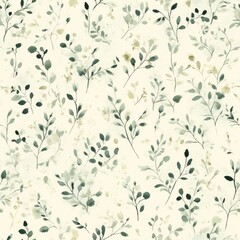Poster - Calming watercolor doodle cartoon drawings of delicate green leaves on a soft background