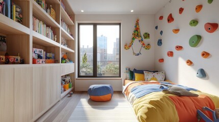 Poster - Bright climbing room with colorful bedding promoting active play and creativity in a lively urban environment