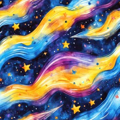 Poster - Colorful starry night watercolor doodle with flowing cosmic waves and bright stars
