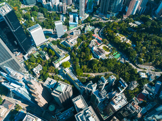 Poster - Aerial panorama of Hong Kong city showcasing skyscrapers, roads, and green spaces from a high vantage point. Urban cityscape with dense buildings and nature.