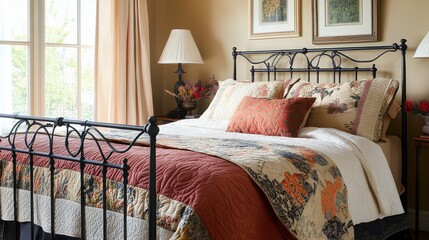 Aufkleber - Cozy bedroom featuring a wrought iron bedframe with decorative bedding and warm lighting accents