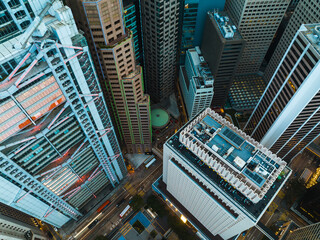 Poster - Aerial panorama of Hong Kong city showcases towering skyscrapers. High-angle view of urban density and architectural landscape in this Asian metropolis.