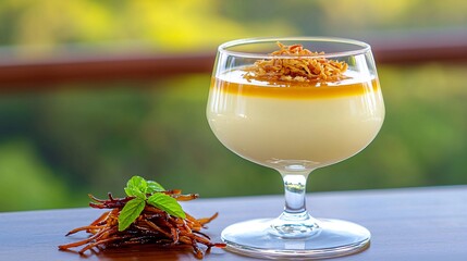 Poster - An elegant presentation of Kanom Mor Gaeng , Thai custard dessert with a perfectly caramelized golden-brown top placed on an authentic ceramic dish with a side of roasted shallots and coconut milk