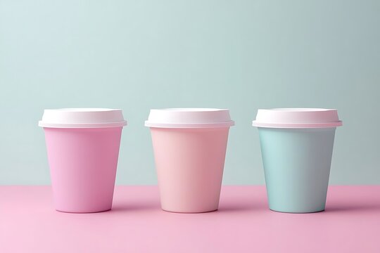 Ultra-realistic ice cream tub set on pastel background: four identical cups with white lids, aligned in a row, minimalist style with soft lighting and gentle shadows.