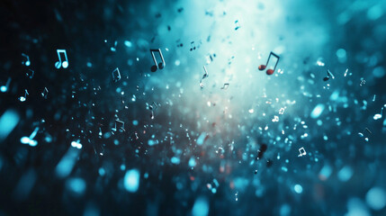 Poster - Abstract representation of floating musical notes surrounded by a blue haze creating a dynamic atmosphere of creativity and inspiration