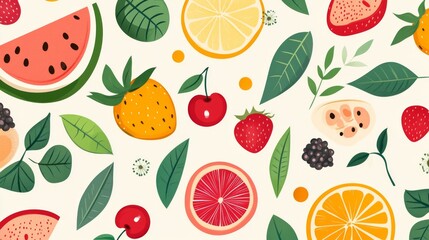 Fototapete - 31.Abstract geometric background. Set of icons in simple flat style. Seamless pattern. Fresh organic food. Fruits, leaves and berries. Watermelon, cherry, strawberry and orange slices. Vector