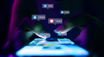 business woman using smartphone ,icons social media fly over showing people engagement connection through social network application platform,Concept viral video and social media marketing
