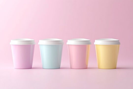 Ultra-realistic ice cream tub set on pastel background: four identical cups with white lids, aligned in a row, minimalist style with soft lighting and gentle shadows.