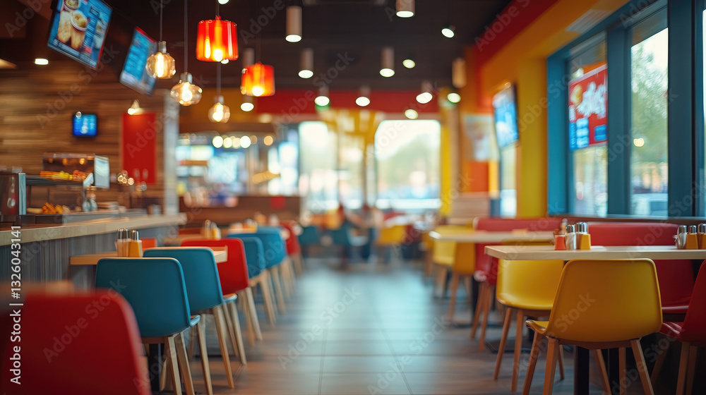 Interior of a fast food restaurant with a modern dining area. Casual ...