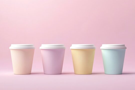 Ultra-realistic ice cream tub set on pastel background: four identical cups with white lids, aligned in a row, minimalist style with soft lighting and gentle shadows.