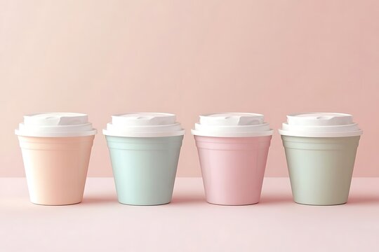 Ultra-realistic ice cream tub set on pastel background: four identical cups with white lids, aligned in a row, minimalist style with soft lighting and gentle shadows.