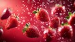 © Sinechana - 53.A close-up view of fresh strawberries scattered in mid-air, with droplets of juice adding a sense of freshness. The red background enhances the vivid tones of the fruit.