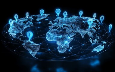 Poster - Global digital communication network, world map globe surrounded by blue user icons, stats indicators, 3D rendering, futuristic business technology