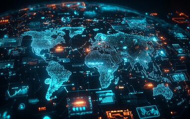 Poster - Global digital communication network, world map globe surrounded by blue user icons, stats indicators, 3D rendering, futuristic business technology