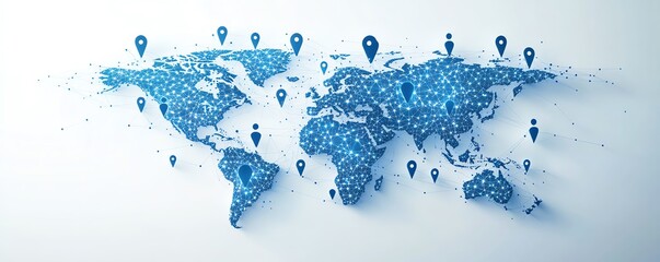 Poster - Global digital network concept, world map globe surrounded by blue user icons, stats indicators, 3D rendering, social communication, tech innovation