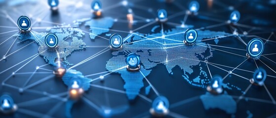 Poster - Global network and social communication concept, digital world map globe surrounded by blue user icons and stats indicators, 3D rendering, hightech, digital transformation