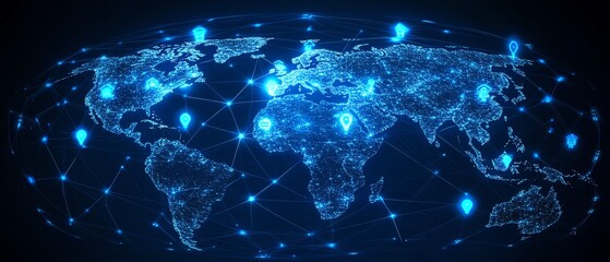 Poster - Global network and social communication concept, digital world map globe surrounded by blue user icons and stats indicators, 3D rendering, hightech, digital transformation