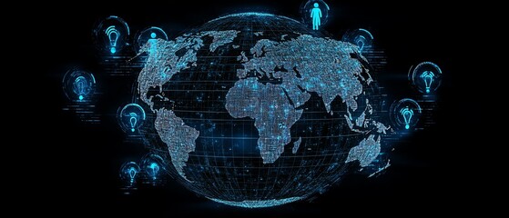 Poster - Global network and social communication concept, digital world map globe surrounded by blue user icons and stats indicators, 3D rendering, hightech, digital transformation