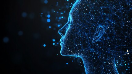 Poster - Machine learning concept with blue shadow human head side view, dark background, coding and programming interface, 3D rendering, AI technology, digital transformation