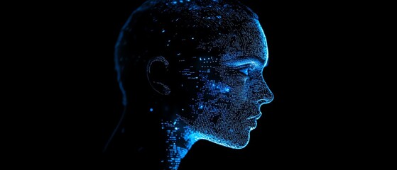 Poster - Machine learning concept with blue shadow human head side view, dark background, coding and programming interface, 3D rendering, AI technology, digital transformation