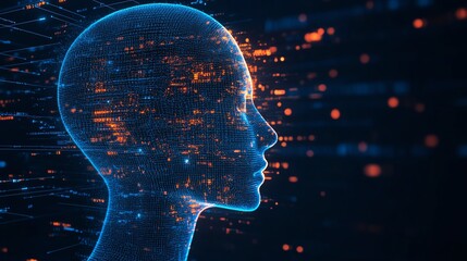 Poster - Machine learning concept with blue shadow human head side view, dark background, coding and programming interface, 3D rendering, AI technology, digital transformation