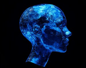 Poster - 3D rendering of blue shadow human head side view, dark background, machine learning and software technologies, programming code, digital interface, AI innovation concept