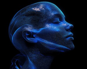 Poster - 3D rendering of blue shadow human head side view, dark background, machine learning and software technologies, programming code, digital interface, AI innovation concept