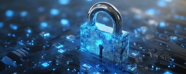 Poster - 3D rendering of padlock with binary code printed on circuit surface, security and cyber protection concept, white background, space for advertising poster, futuristic technology