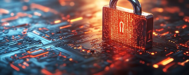Poster - 3D rendering of padlock with binary code printed on circuit surface, security and cyber protection concept, white background, space for advertising poster, futuristic technology