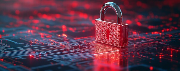 Poster - 3D rendering of padlock with binary code on circuit surface, future technology and cyber security, white background with space for advertising, digital protection concept