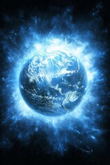 Wall Mural - planet earth in deep space, glowing blue energy trails, and cosmic lights emanating from the planet