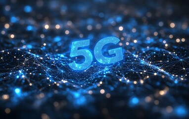 Poster - Futuristic 5G network concept with glowing blue text, interconnected digital lines, set against a dark abstract background, highlighting cuttingedge communication technology