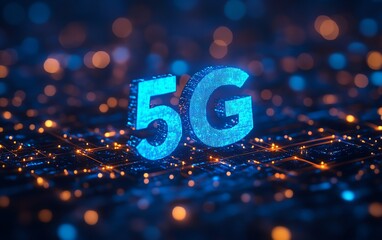 Poster - Futuristic 5G network concept with glowing blue text, interconnected digital lines, set against a dark abstract background, highlighting cuttingedge communication technology