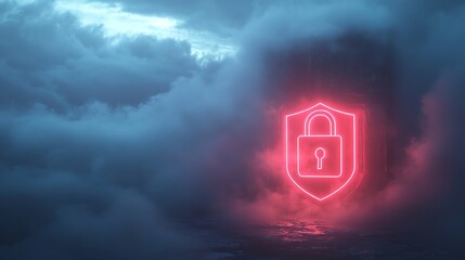 Fototapete - Futuristic digital security concept with a shield featuring a padlock, illuminated in neon light, floating within a virtual foggy space, representing data protection