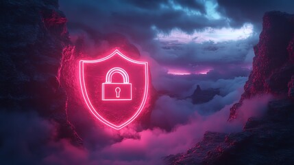 Fototapete - Futuristic digital security concept with a shield featuring a padlock, illuminated in neon light, floating within a virtual foggy space, representing data protection