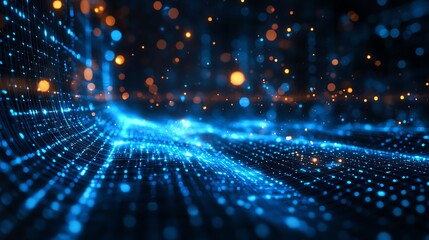Poster - Highspeed 5G digital network with glowing blue connections, text, and 3D rendered lines on a futuristic dark background, symbolizing fast data transfer and innovation