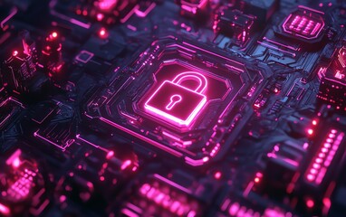 Poster - Safety protection and information privacy concept with digital padlock in shield on abstract dark background, glowing neon elements, and futuristic design