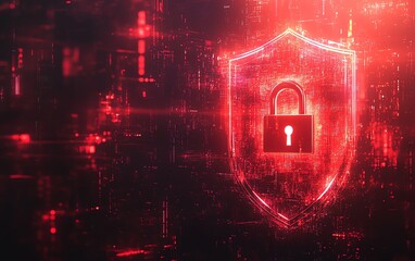 Leinwandbilder - Safety protection and information privacy concept with digital padlock in shield on abstract dark background, glowing neon elements, and futuristic design