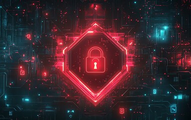 Leinwandbilder - Safety protection and information privacy concept with digital padlock in shield on abstract dark background, glowing neon elements, and futuristic design