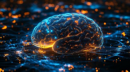 Aufkleber - 3D holographic brain with data visualization and glowing neural connections on a technologythemed background, symbolizing advanced cognitive computing and AI