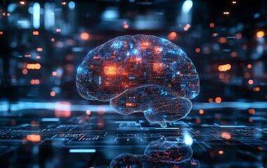 Leinwandbilder - Advanced digital brain hologram with interactive data visualization, glowing circuits, and a futuristic technology background, representing neural computing in 3D
