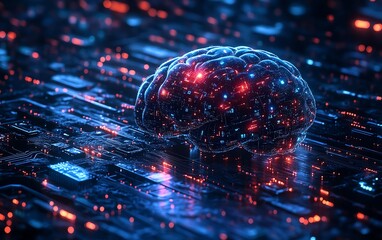 Aufkleber - Advanced digital brain hologram with interactive data visualization, glowing circuits, and a futuristic technology background, representing neural computing in 3D