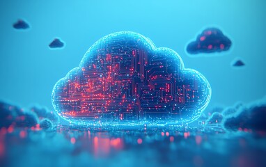 Fototapete - Blue cloud computing icon with circuit design on a light blue background, 3D rendering, symbolizing advanced technology and digital infrastructure