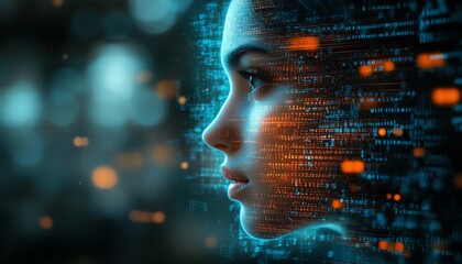 Leinwandbilder - Closeup of office desktop with laptop, glowing blurry AI hologram, and binary coding on a blurry background, double exposure, representing artificial intelligence and programming