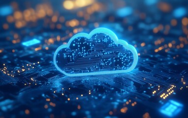 Fototapete - Cloud computing technology represented by a blue icon with circuit design, 3D rendered on a light blue background, emphasizing cloud storage and data security