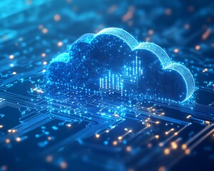 Leinwandbilder - Cloud computing icon in blue with circuit design elements, 3D rendered on a light blue background, illustrating modern digital transformations and data services