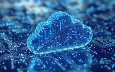 Fototapete - Cloud computing technology represented by a blue icon with circuit design, 3D rendered on a light blue background, emphasizing cloud storage and data security