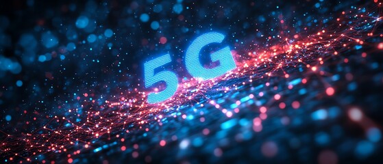 Poster - Digital 5G network with glowing blue text, networked lines, and a futuristic dark background, illustrating fast data exchange and cuttingedge technology